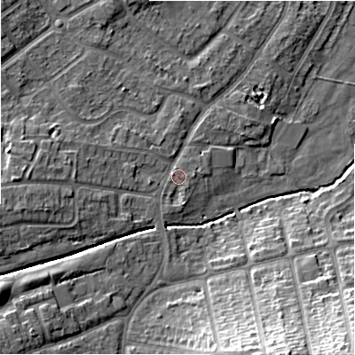 Shaded relief map of the ground around B263UB, computed from Environment Agency LiDAR. The ground here sits at about 95 m above sea level and falls 23 m across the surrounding 800 m. Surface water reaching this point runs off ground lying to the south-south-east, 19.2 m higher.