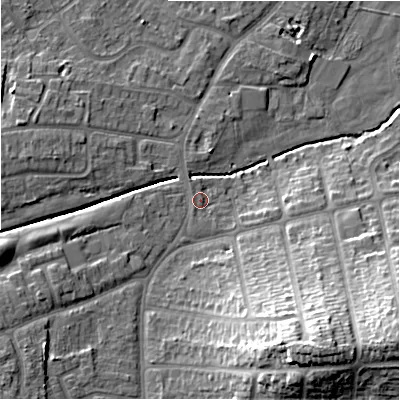 Shaded relief map of the ground around B263UF, computed from Environment Agency LiDAR. The ground here sits at about 95 m above sea level and falls 25 m across the surrounding 800 m. Surface water reaching this point runs off ground lying to the south-east, 21.2 m higher.
