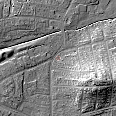 Shaded relief map of the ground around B263UG, computed from Environment Agency LiDAR. The ground here sits at about 95 m above sea level and falls 25 m across the surrounding 800 m. Surface water reaching this point runs off ground lying to the east-south-east, 20.9 m higher.