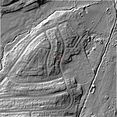 Shaded relief map of the ground around B263XE, computed from Environment Agency LiDAR. The ground here sits at about 94 m above sea level and falls 16 m across the surrounding 800 m. Surface water reaching this point runs off ground lying to the north-west, 4.1 m higher.
