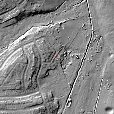 Shaded relief map of the ground around B263XH, computed from Environment Agency LiDAR. The ground here sits at about 91 m above sea level and falls 11 m across the surrounding 800 m. Surface water reaching this point runs off ground lying to the west, 5.4 m higher.