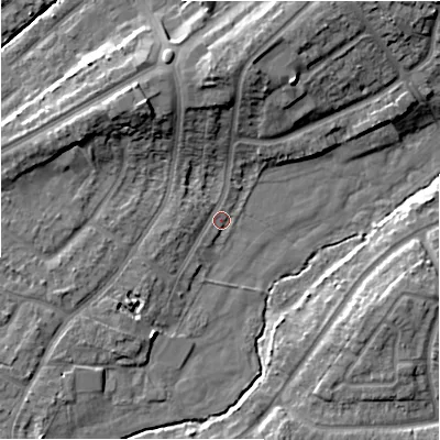 Shaded relief map of the ground around B263YA, computed from Environment Agency LiDAR. The ground here sits at about 91 m above sea level and falls 12 m across the surrounding 800 m. Surface water reaching this point runs off ground lying to the north-north-west, 9.7 m higher.