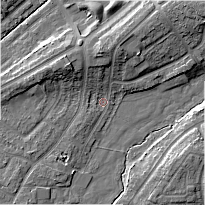 Shaded relief map of the ground around B263YF, computed from Environment Agency LiDAR. The ground here sits at about 91 m above sea level and falls 12 m across the surrounding 800 m. Surface water reaching this point runs off ground lying to the north-west, 9.3 m higher.