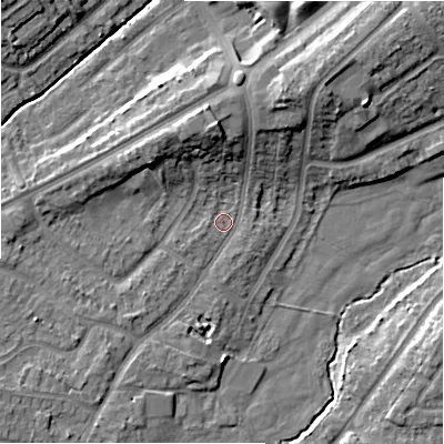 Shaded relief map of the ground around B263YG, computed from Environment Agency LiDAR. The ground here sits at about 92 m above sea level and falls 11 m across the surrounding 800 m. Surface water reaching this point runs off ground lying to the south-west, 4.2 m higher.