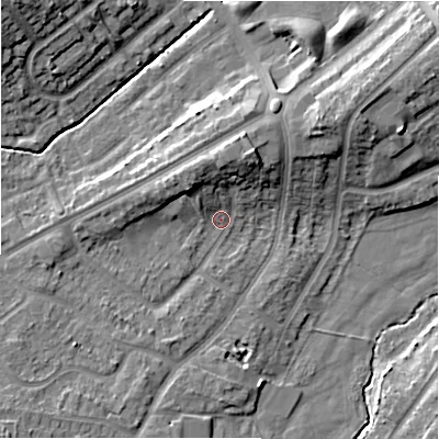 Shaded relief map of the ground around B263YL, computed from Environment Agency LiDAR. The ground here sits at about 93 m above sea level and falls 13 m across the surrounding 800 m. Surface water reaching this point runs off ground lying to the north-north-east, 7.6 m higher.