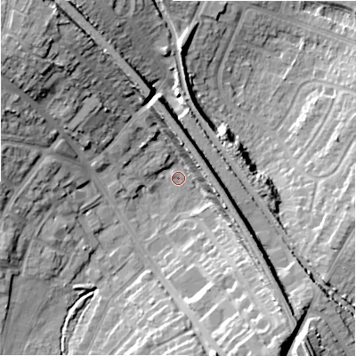 Shaded relief map of the ground around B276PF, computed from Environment Agency LiDAR. The ground here sits at about 110 m above sea level and falls 22 m across the surrounding 800 m. Surface water reaching this point runs off ground lying to the west-south-west, 9.0 m higher.