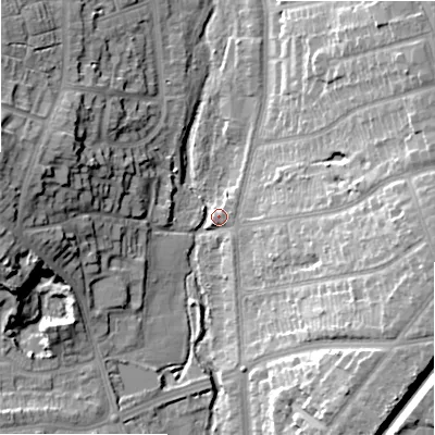 Shaded relief map of the ground around B288DB, computed from Environment Agency LiDAR. The ground here sits at about 118 m above sea level and falls 22 m across the surrounding 800 m. Surface water reaching this point runs off ground lying to the east-south-east, 21.4 m higher.