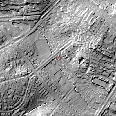 Shaded relief map of the ground around B294AR, computed from Environment Agency LiDAR. The ground here sits at about 145 m above sea level and falls 36 m across the surrounding 800 m. Surface water reaching this point runs off ground lying to the north-east, 25.2 m higher.