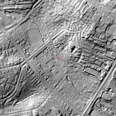 Shaded relief map of the ground around B294AS, computed from Environment Agency LiDAR. The ground here sits at about 143 m above sea level and falls 37 m across the surrounding 800 m. Surface water reaching this point runs off ground lying to the north-east, 26.7 m higher.