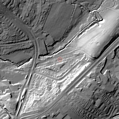 Shaded relief map of the ground around B294QF, computed from Environment Agency LiDAR. The ground here sits at about 150 m above sea level and falls 36 m across the surrounding 800 m. Surface water reaching this point runs off ground lying to the south, 10.9 m higher.