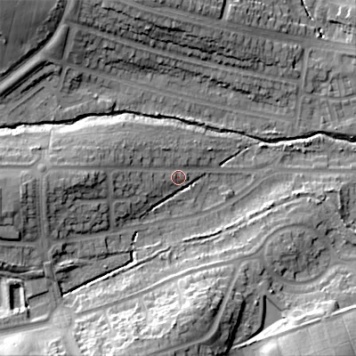 Shaded relief map of the ground around B295SJ, computed from Environment Agency LiDAR. The ground here sits at about 139 m above sea level and falls 25 m across the surrounding 800 m. Surface water reaching this point runs off ground lying to the west, 11.5 m higher.
