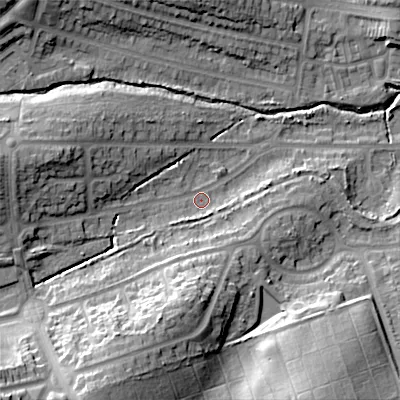 Shaded relief map of the ground around B295SN, computed from Environment Agency LiDAR. The ground here sits at about 136 m above sea level and falls 31 m across the surrounding 800 m. Surface water reaching this point runs off ground lying to the south-west, 26.7 m higher.