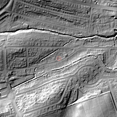 Shaded relief map of the ground around B295SW, computed from Environment Agency LiDAR. The ground here sits at about 136 m above sea level and falls 28 m across the surrounding 800 m. Surface water reaching this point runs off ground lying to the south-west, 23.8 m higher.