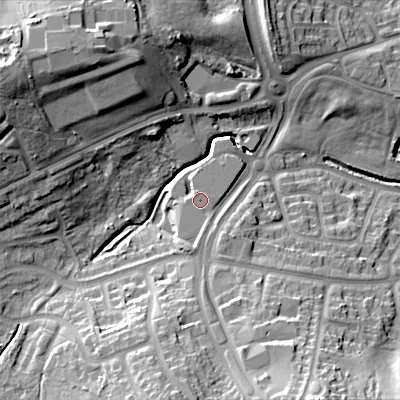 Shaded relief map of the ground around B295UP, computed from Environment Agency LiDAR. The ground here sits at about 153 m above sea level and falls 30 m across the surrounding 800 m. Surface water reaching this point runs off ground lying to the south-south-east, 1.5 m higher.