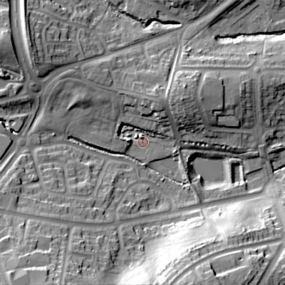 Shaded relief map of the ground around B295UY, computed from Environment Agency LiDAR. The ground here sits at about 144 m above sea level and falls 33 m across the surrounding 800 m. Surface water reaching this point runs off ground lying to the south, 26.3 m higher.