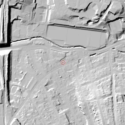 Shaded relief map of the ground around B296AU, computed from Environment Agency LiDAR. The ground here sits at about 123 m above sea level and falls 27 m across the surrounding 800 m. Surface water reaching this point runs off ground lying to the south-west, 21.1 m higher.