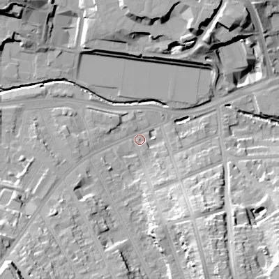 Shaded relief map of the ground around B296BD, computed from Environment Agency LiDAR. The ground here sits at about 122 m above sea level and falls 27 m across the surrounding 800 m. Surface water reaching this point runs off ground lying to the south-west, 22.2 m higher.
