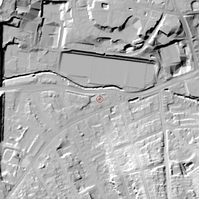 Shaded relief map of the ground around B296FY, computed from Environment Agency LiDAR. The ground here sits at about 122 m above sea level and falls 25 m across the surrounding 800 m. Surface water reaching this point runs off ground lying to the west-south-west, 3.4 m higher.