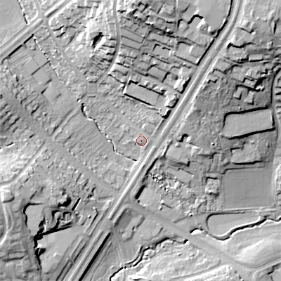 Shaded relief map of the ground around B296LX, computed from Environment Agency LiDAR. The ground here sits at about 140 m above sea level and falls 36 m across the surrounding 800 m. Surface water reaching this point runs off ground lying to the north, 30.3 m higher.