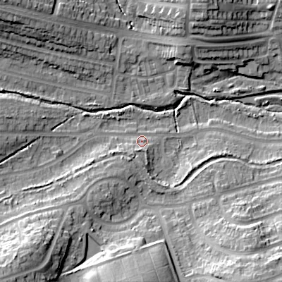 Shaded relief map of the ground around B296TB, computed from Environment Agency LiDAR. The ground here sits at about 136 m above sea level and falls 28 m across the surrounding 800 m. Surface water reaching this point runs off ground lying to the south-west, 17.7 m higher.