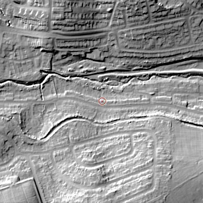 Shaded relief map of the ground around B296TE, computed from Environment Agency LiDAR. The ground here sits at about 135 m above sea level and falls 31 m across the surrounding 800 m. Surface water reaching this point runs off ground lying to the south-south-east, 23.2 m higher.