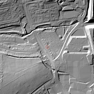 Shaded relief map of the ground around B296TQ, computed from Environment Agency LiDAR. The ground here sits at about 133 m above sea level and falls 34 m across the surrounding 800 m. Surface water reaching this point runs off ground lying to the south-south-east, 6.3 m higher.
