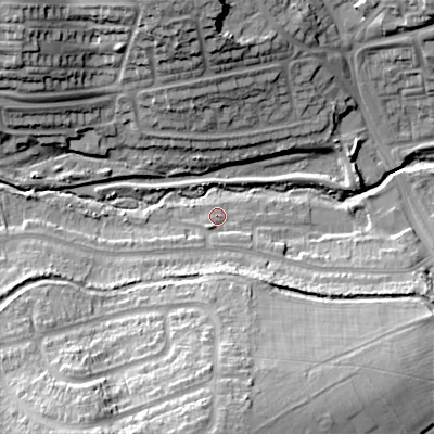 Shaded relief map of the ground around B296TR, computed from Environment Agency LiDAR. The ground here sits at about 132 m above sea level and falls 31 m across the surrounding 800 m. Surface water reaching this point runs off ground lying to the south-south-west, 11.6 m higher.