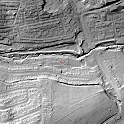 Shaded relief map of the ground around B296TS, computed from Environment Agency LiDAR. The ground here sits at about 130 m above sea level and falls 32 m across the surrounding 800 m. Surface water reaching this point runs off ground lying to the south-south-west, 20.0 m higher.