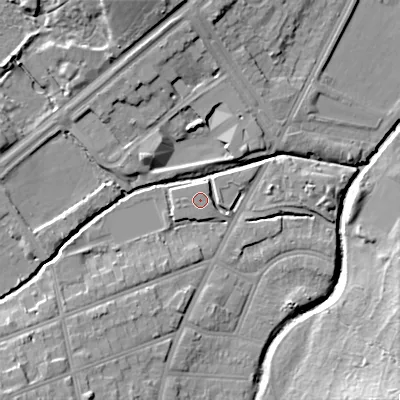 Shaded relief map of the ground around B297BF, computed from Environment Agency LiDAR. The ground here sits at about 116 m above sea level and falls 17 m across the surrounding 800 m. Surface water reaching this point runs off ground lying to the west, 2.7 m higher.