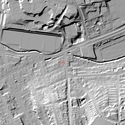 Shaded relief map of the ground around B297BH, computed from Environment Agency LiDAR. The ground here sits at about 121 m above sea level and falls 27 m across the surrounding 800 m. Surface water reaching this point runs off ground lying to the south, 21.6 m higher.