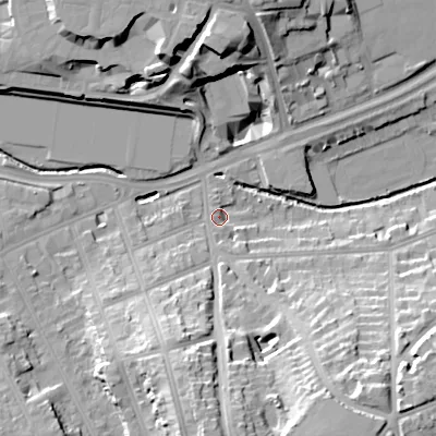 Shaded relief map of the ground around B297BL, computed from Environment Agency LiDAR. The ground here sits at about 121 m above sea level and falls 27 m across the surrounding 800 m. Surface water reaching this point runs off ground lying to the south, 21.6 m higher.
