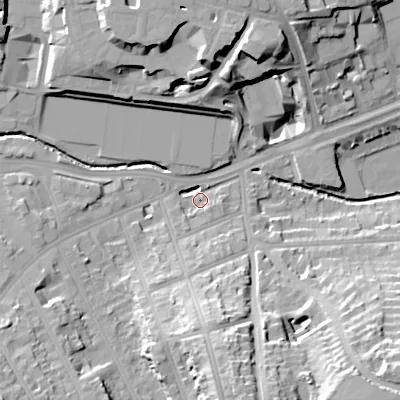 Shaded relief map of the ground around B297BQ, computed from Environment Agency LiDAR. The ground here sits at about 121 m above sea level and falls 26 m across the surrounding 800 m. Surface water reaching this point runs off ground lying to the south, 21.7 m higher.