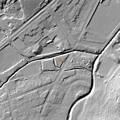 Shaded relief map of the ground around B297DF, computed from Environment Agency LiDAR. The ground here sits at about 116 m above sea level and falls 19 m across the surrounding 800 m. Surface water reaching this point runs off ground lying to the north-east, 2.2 m higher.
