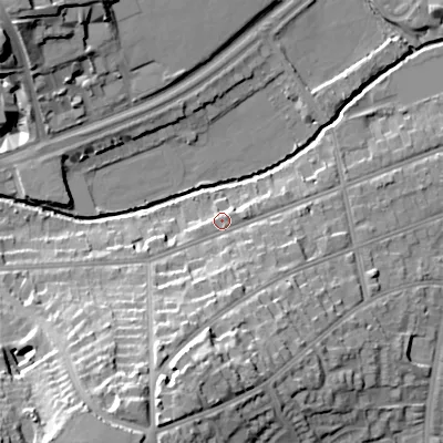 Shaded relief map of the ground around B297EG, computed from Environment Agency LiDAR. The ground here sits at about 121 m above sea level and falls 29 m across the surrounding 800 m. Surface water reaching this point runs off ground lying to the south-south-west, 14.9 m higher.