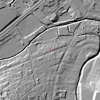 Shaded relief map of the ground around B297EJ, computed from Environment Agency LiDAR. The ground here sits at about 118 m above sea level and falls 27 m across the surrounding 800 m. Surface water reaching this point runs off ground lying to the south-west, 8.6 m higher.