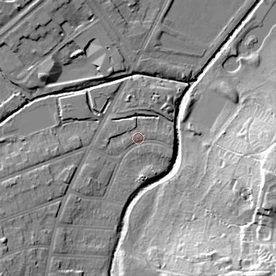 Shaded relief map of the ground around B297EP, computed from Environment Agency LiDAR. The ground here sits at about 115 m above sea level and falls 31 m across the surrounding 800 m. Surface water reaching this point runs off ground lying to the south-west, 8.1 m higher.