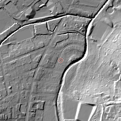 Shaded relief map of the ground around B297EU, computed from Environment Agency LiDAR. The ground here sits at about 114 m above sea level and falls 34 m across the surrounding 800 m. Surface water reaching this point runs off ground lying to the west, 3.0 m higher.