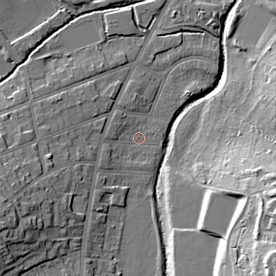 Shaded relief map of the ground around B297HD, computed from Environment Agency LiDAR. The ground here sits at about 115 m above sea level and falls 32 m across the surrounding 800 m. Surface water reaching this point runs off ground lying to the west-south-west, 14.8 m higher.