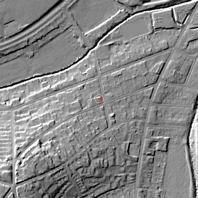 Shaded relief map of the ground around B297JP, computed from Environment Agency LiDAR. The ground here sits at about 121 m above sea level and falls 30 m across the surrounding 800 m. Surface water reaching this point runs off ground lying to the west-south-west, 6.2 m higher.