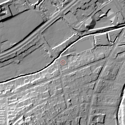 Shaded relief map of the ground around B297LG, computed from Environment Agency LiDAR. The ground here sits at about 117 m above sea level and falls 26 m across the surrounding 800 m. Surface water reaching this point runs off ground lying to the south, 1.8 m higher.