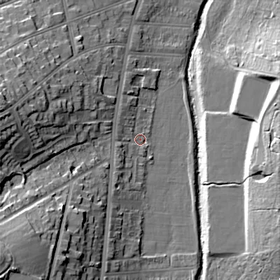 Shaded relief map of the ground around B297NH, computed from Environment Agency LiDAR. The ground here sits at about 117 m above sea level and falls 28 m across the surrounding 800 m. Surface water reaching this point runs off ground lying to the south-south-west, 16.5 m higher.