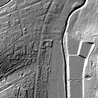 Shaded relief map of the ground around B297NP, computed from Environment Agency LiDAR. The ground here sits at about 116 m above sea level and falls 25 m across the surrounding 800 m. Surface water reaching this point runs off ground lying to the south-south-west, 15.7 m higher.