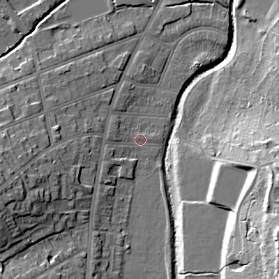 Shaded relief map of the ground around B297NS, computed from Environment Agency LiDAR. The ground here sits at about 116 m above sea level and falls 30 m across the surrounding 800 m. Surface water reaching this point runs off ground lying to the west-south-west, 15.9 m higher.