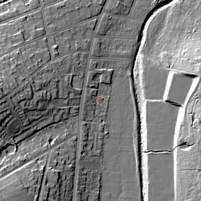 Shaded relief map of the ground around B297NW, computed from Environment Agency LiDAR. The ground here sits at about 116 m above sea level and falls 27 m across the surrounding 800 m. Surface water reaching this point runs off ground lying to the west-north-west, 3.1 m higher.