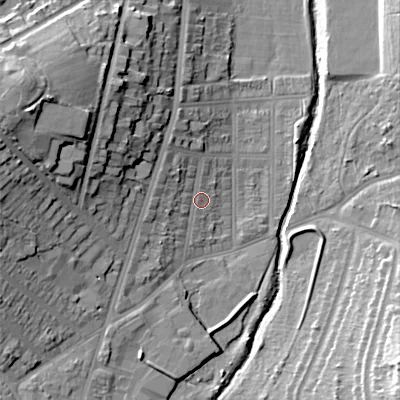 Shaded relief map of the ground around B297PZ, computed from Environment Agency LiDAR. The ground here sits at about 120 m above sea level and falls 25 m across the surrounding 800 m. Surface water reaching this point runs off ground lying to the north-west, 3.5 m higher.