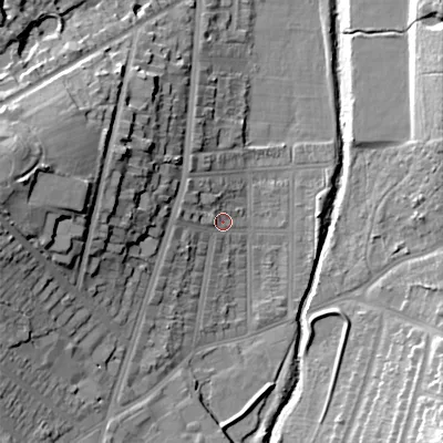 Shaded relief map of the ground around B297QA, computed from Environment Agency LiDAR. The ground here sits at about 120 m above sea level and falls 26 m across the surrounding 800 m. Surface water reaching this point runs off ground lying to the west-north-west, 4.9 m higher.