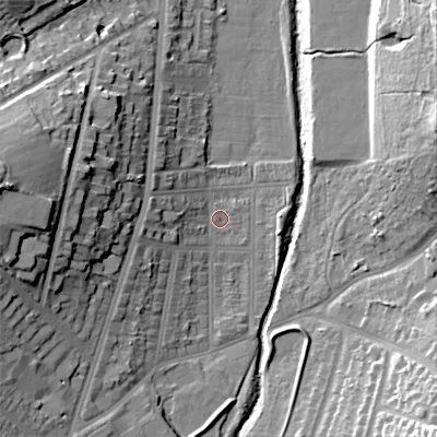 Shaded relief map of the ground around B297QB, computed from Environment Agency LiDAR. The ground here sits at about 118 m above sea level and falls 25 m across the surrounding 800 m. Surface water reaching this point runs off ground lying to the west, 6.0 m higher.