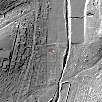 Shaded relief map of the ground around B297QD, computed from Environment Agency LiDAR. The ground here sits at about 117 m above sea level and falls 25 m across the surrounding 800 m. Surface water reaching this point runs off ground lying to the west-south-west, 7.0 m higher.