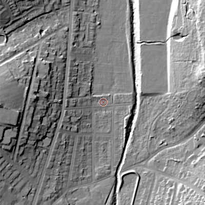 Shaded relief map of the ground around B297QE, computed from Environment Agency LiDAR. The ground here sits at about 117 m above sea level and falls 24 m across the surrounding 800 m. Surface water reaching this point runs off ground lying to the west-south-west, 7.0 m higher.