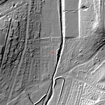 Shaded relief map of the ground around B297QG, computed from Environment Agency LiDAR. The ground here sits at about 118 m above sea level and falls 27 m across the surrounding 800 m. Surface water reaching this point runs off ground lying to the west, 18.2 m higher.